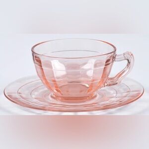 1930's Anchor Hocking Pink Block Optic Glass Cup and Saucer Set